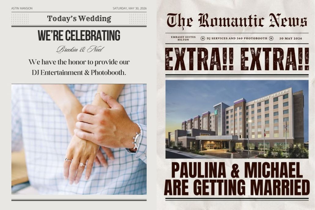 Two wedding "newspapers" with couples' names on the front page.